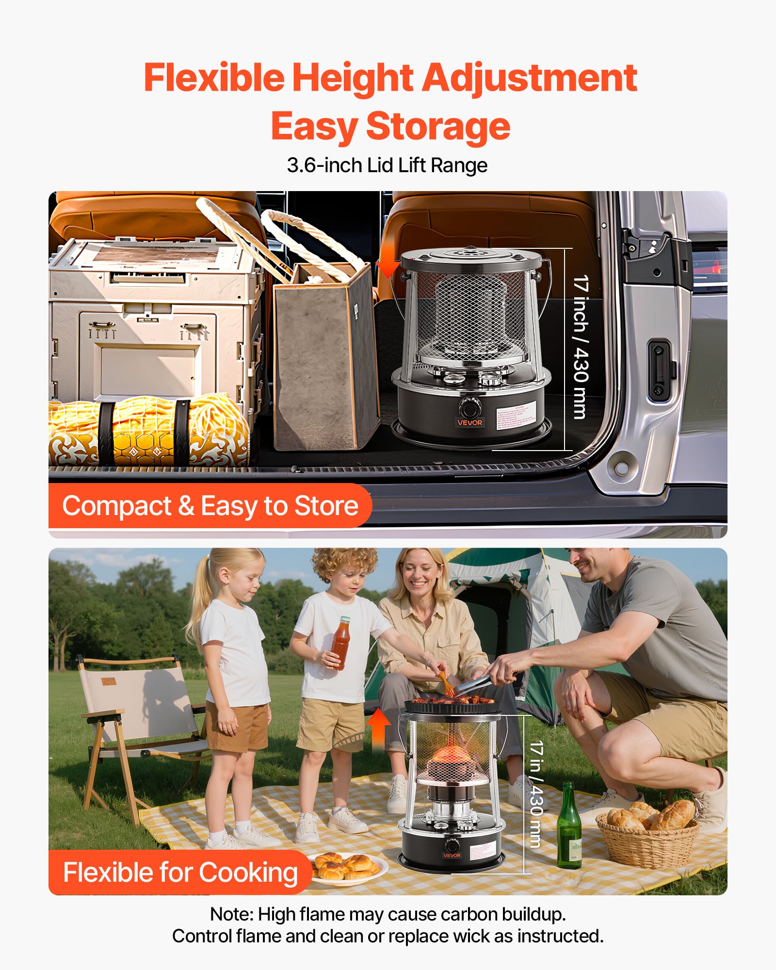 VEVOR 9000 BTU tragbarer Petroleumofen, 2-in-1 Heizofen mit Kochenfunktion, einstellbarer Höhe & Flamme, für Innenräume & Outdoor, Camping, Jagd, Kochen, Zuhause, Garage, Schwarz