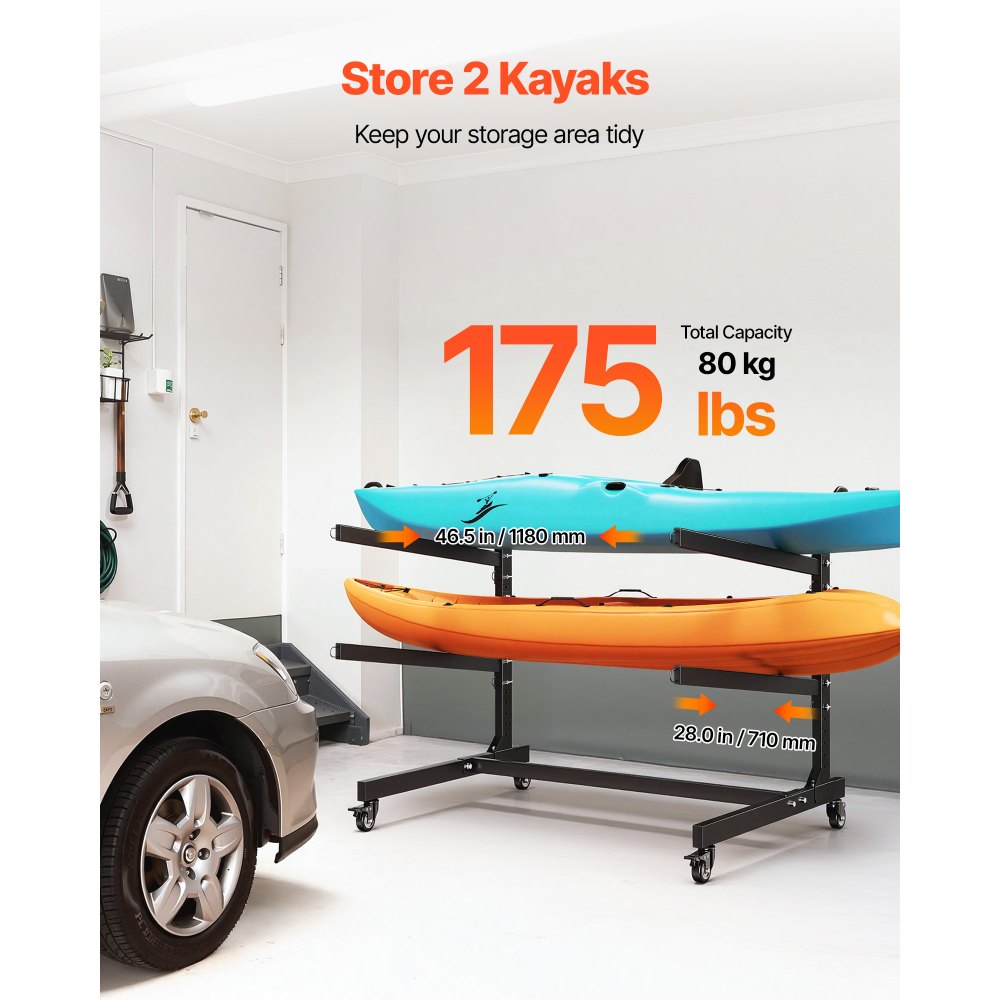 VEVOR Freistehendes Kajak-Aufbewahrungsregal für 2 Kajaks/Kanus/Surfbretter/Paddleboards, Kajakständer mit Feststellbaren Rollen für den Außen- und Innenbereich, Einstellbarer Kajakhalter 80 kg