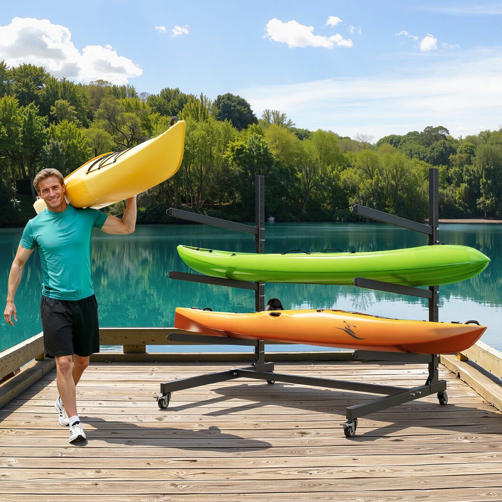 VEVOR Freistehendes Kajak-Aufbewahrungsregal für 3 Kajaks/Kanus/Surfbretter/Paddleboards, Kajakständer mit Feststellbaren Rollen für den Außen- und Innenbereich, Einstellbarer Kajakhalter 90 kg