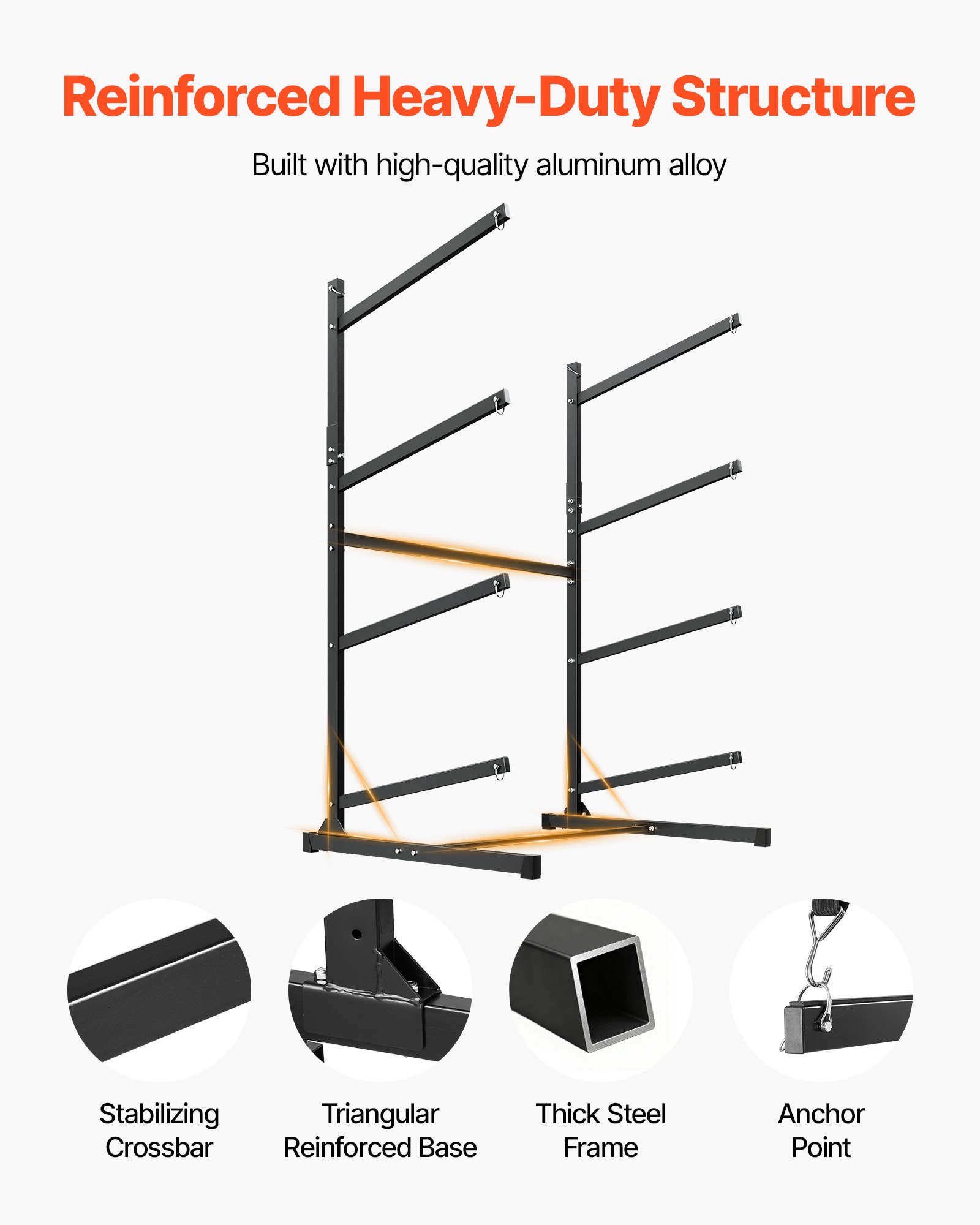 VEVOR Freistehendes Kajak-Aufbewahrungsregal für 4 Kajaks/Kanus/Surfbretter/Paddleboards, Kajakständer für Außen- und Innenbereich, Einstellbarer Kajakhalter, 90 kg Belastbarer Aufbewahrungsständer