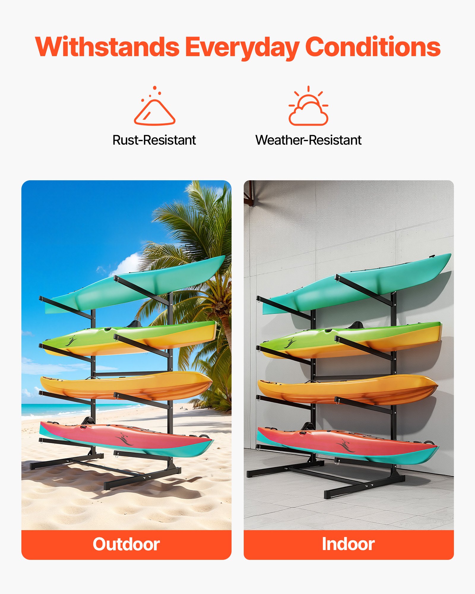 VEVOR Freistehendes Kajak-Aufbewahrungsregal für 4 Kajaks/Kanus/Surfbretter/Paddleboards, Kajakständer für Außen- und Innenbereich, Einstellbarer Kajakhalter, 90 kg Belastbarer Aufbewahrungsständer