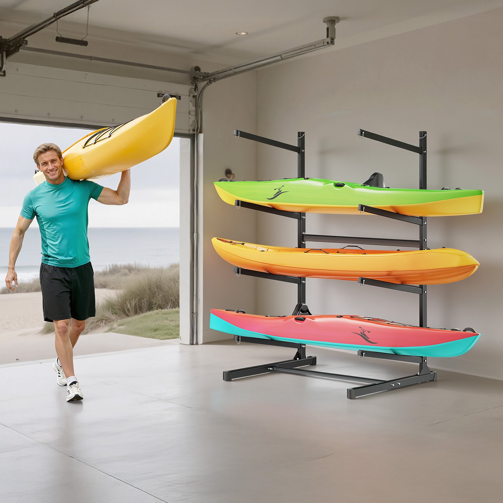 VEVOR Freistehendes Kajak-Aufbewahrungsregal für 4 Kajaks/Kanus/Surfbretter/Paddleboards, Kajakständer für Außen- und Innenbereich, Einstellbarer Kajakhalter, 90 kg Belastbarer Aufbewahrungsständer