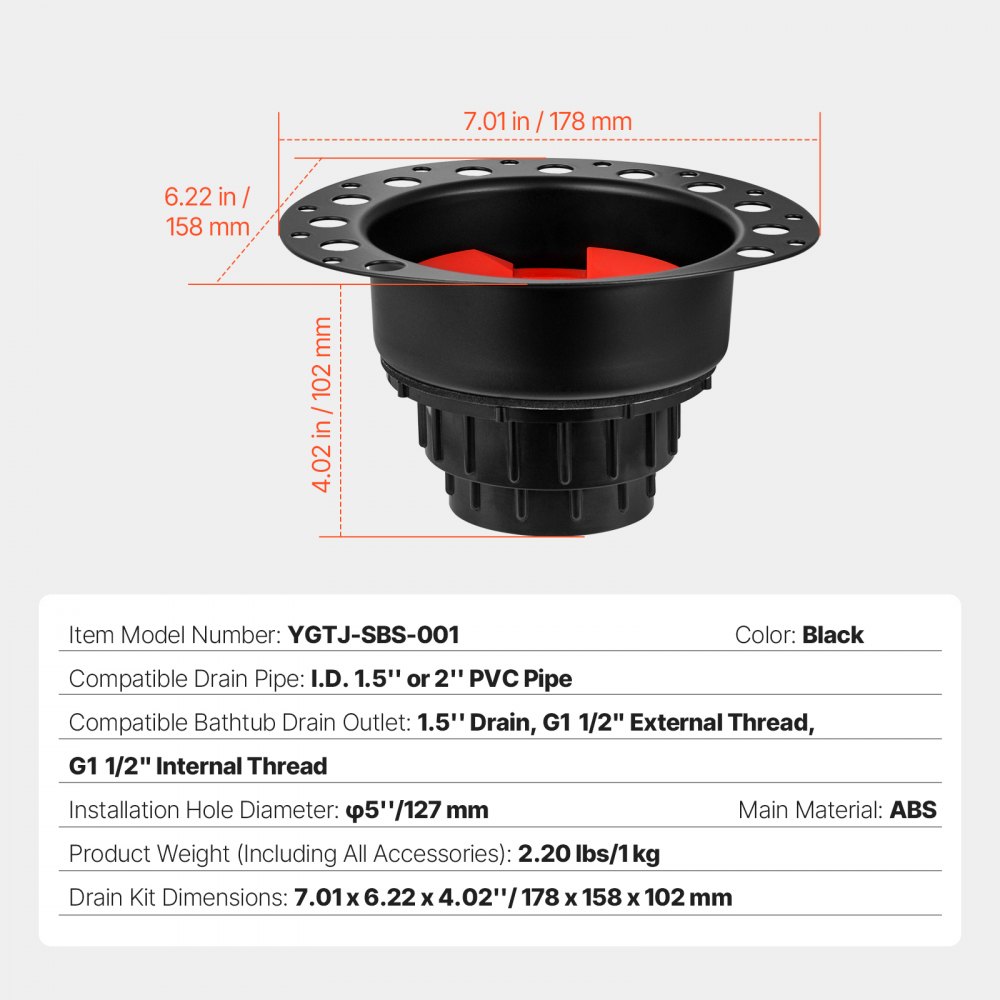 VEVOR ABS drain set, 178x158x102mm, bathtub drain rough-in set, with ABS adapter for drain fitting, compatible with freestanding bathtubs, floor-mounted bathtubs & island bathtubs