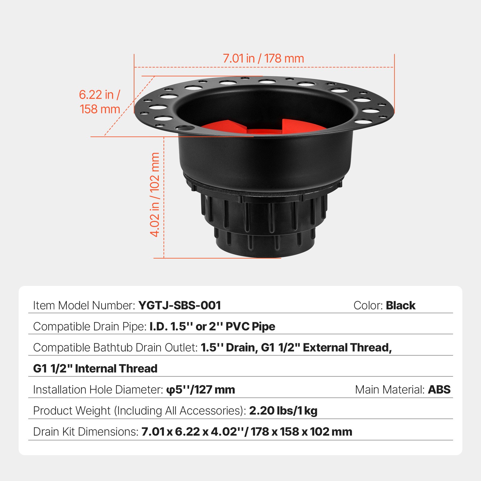VEVOR ABS drain set, 178x158x102mm, bathtub drain rough-in set, with ABS adapter for drain fitting, compatible with freestanding bathtubs, floor-mounted bathtubs & island bathtubs