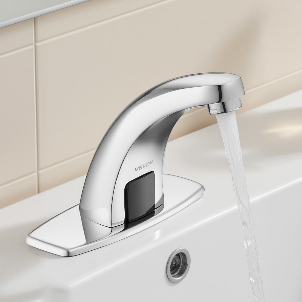 VEVOR berührungsloser Waschtischhahn (verchromtes Silber) Badezimmer, automatische Waschtischarmatur (Nur kaltes Wasser), batteriebetriebener Wasserhahn Toilettenhahn mit Lochabdeckung G233