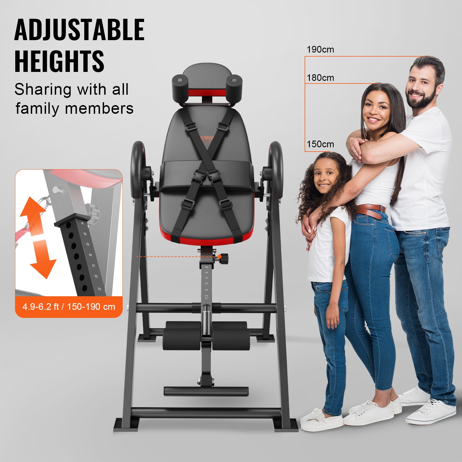 VEVOR Inversionstisch, Inversionsbank, 136 kg belastbar, Multifunktionsgerät Rückentrainer, klappbares Krafttrainingsgerät mit Kopfstütze, Knöchelverriegelung, verstellbarem Schutzgurt, Rot + Schwarz