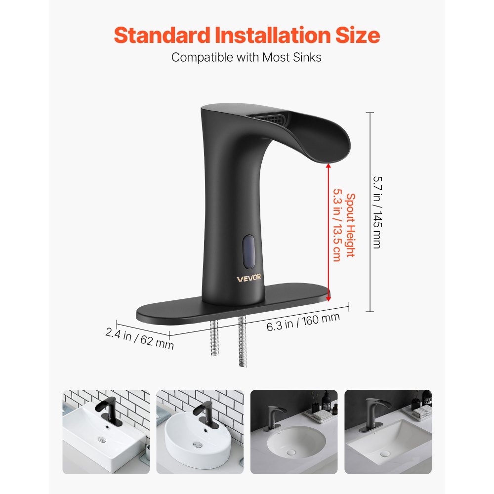 VEVOR Touchless Bathroom Sink Faucet, Automatic Motion Sensor Waterfall Restroom Toilet Faucet with Hole Cover Plate, Modern Electronic Sensor Hot/Cold Water for 9.5 mm Pipe Commercial,Matte Black