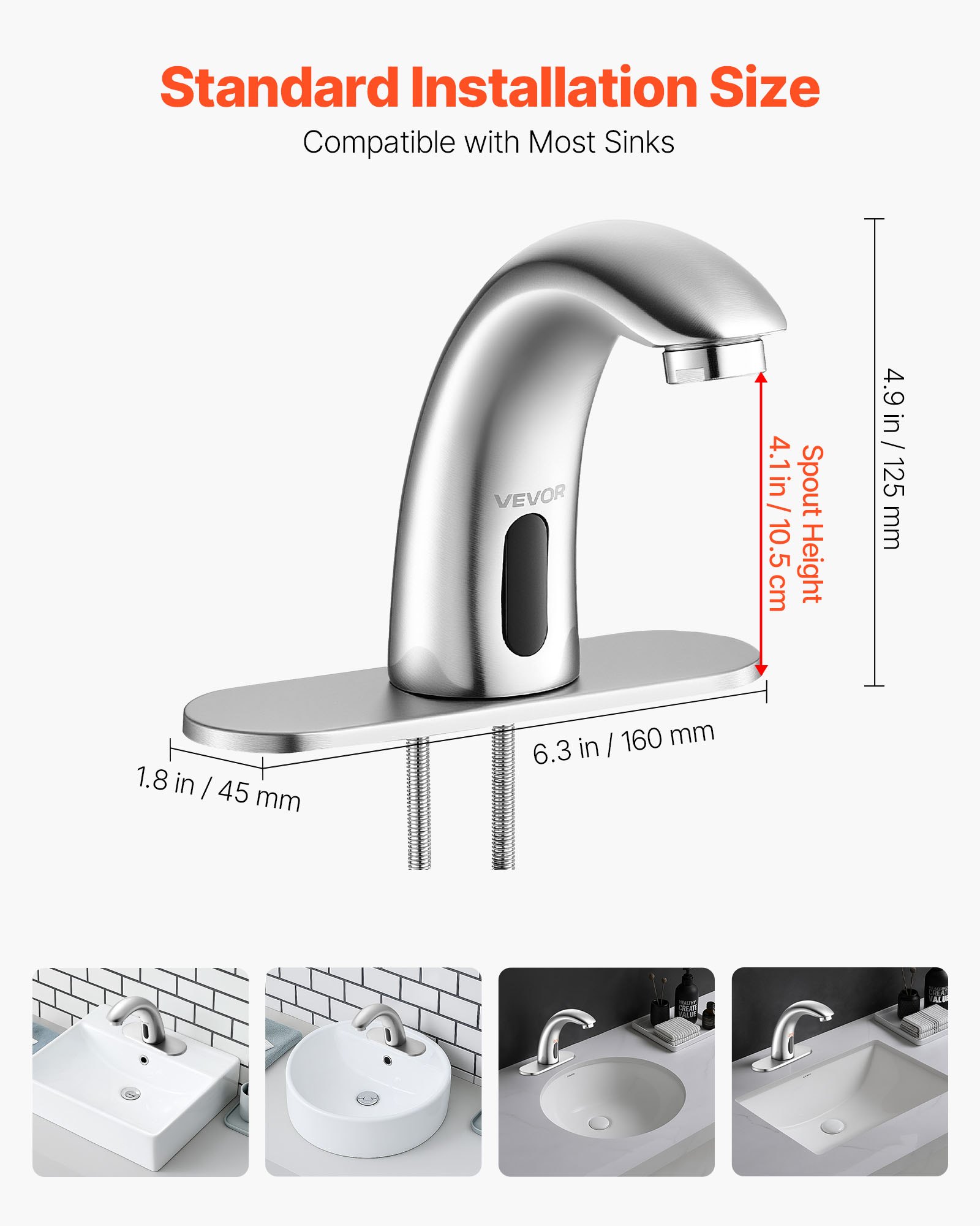 VEVOR Touchless Bathroom Sink Faucet, Automatic Motion Sensor Restroom Toilet Faucet with Hole Cover Plate, Battery Operated,Adjustable Temp for 9.5 mm Pipe Commercial Lavatory,Brushed Nickel Silver
