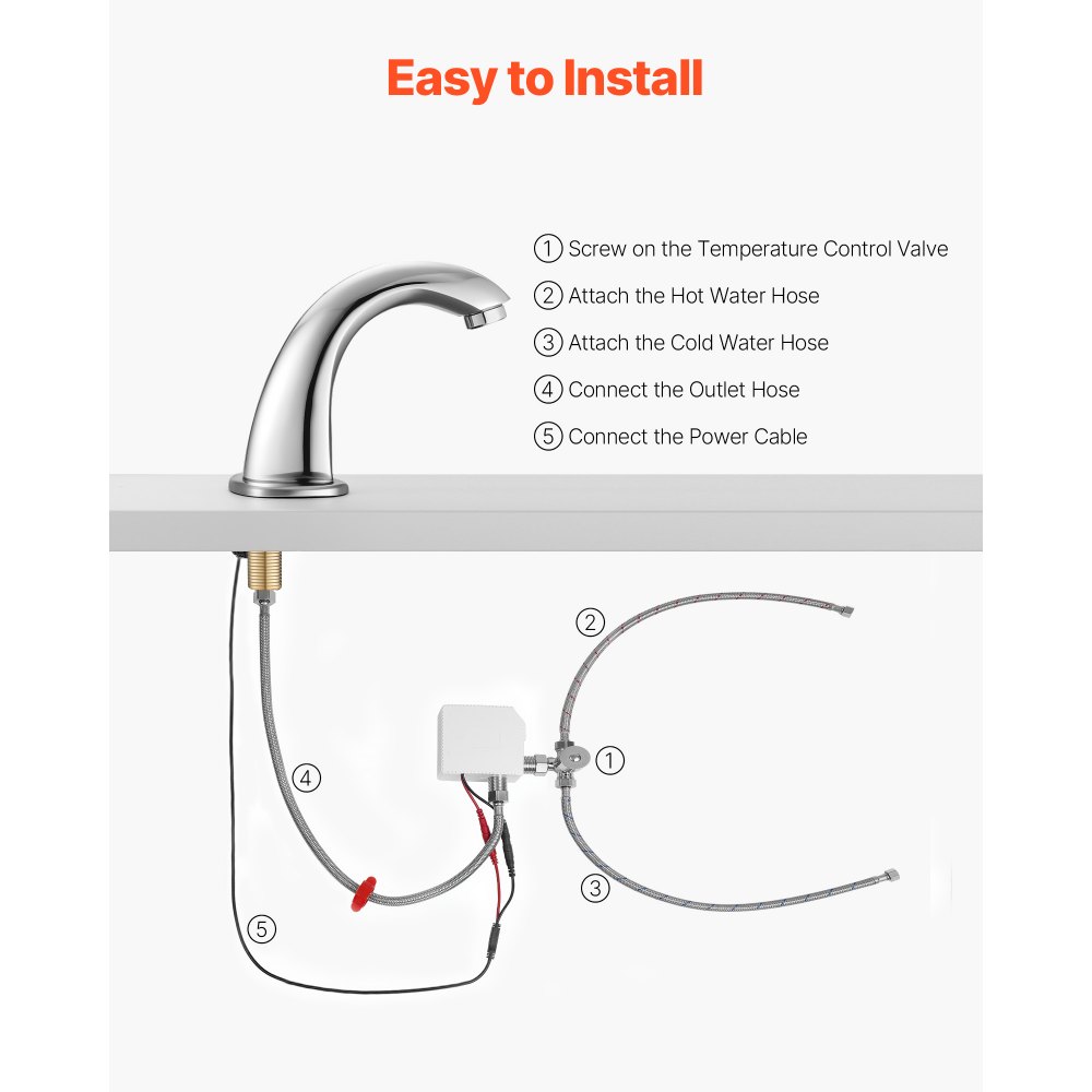 VEVOR Touchless Bathroom Sink Faucet, Automatic Motion Sensor Restroom Toilet Faucet with Hole Cover Plate, Battery Operated,Adjustable Temp for 9.5 mm Pipe Commercial Lavatory,Chrome Plated Silver