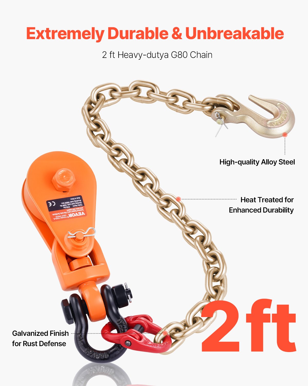 VEVOR 2-ton pulley with G80 chain, swivel shackle, 74 mm sheave for 3/8-inch wire rope, forestry winch for towing and recovery applications on flatbed trucks, rollback tow trucks