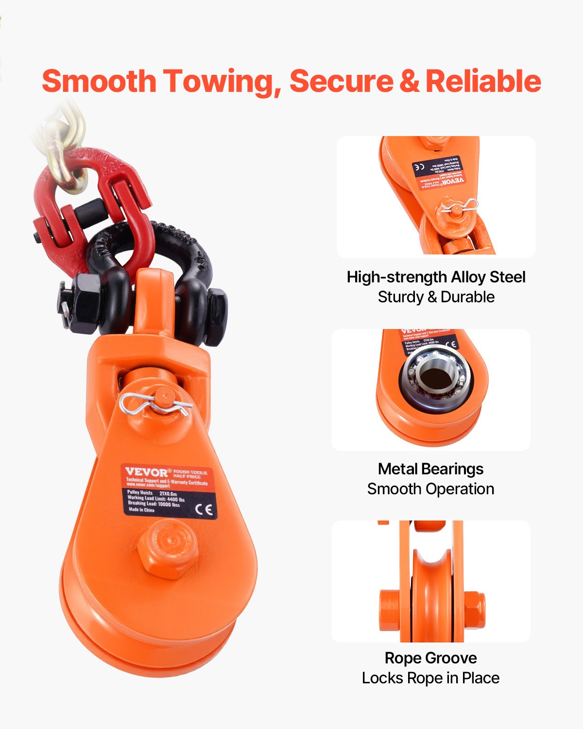 VEVOR 2-ton pulley with G80 chain, swivel shackle, 74 mm sheave for 3/8-inch wire rope, forestry winch for towing and recovery applications on flatbed trucks, rollback tow trucks