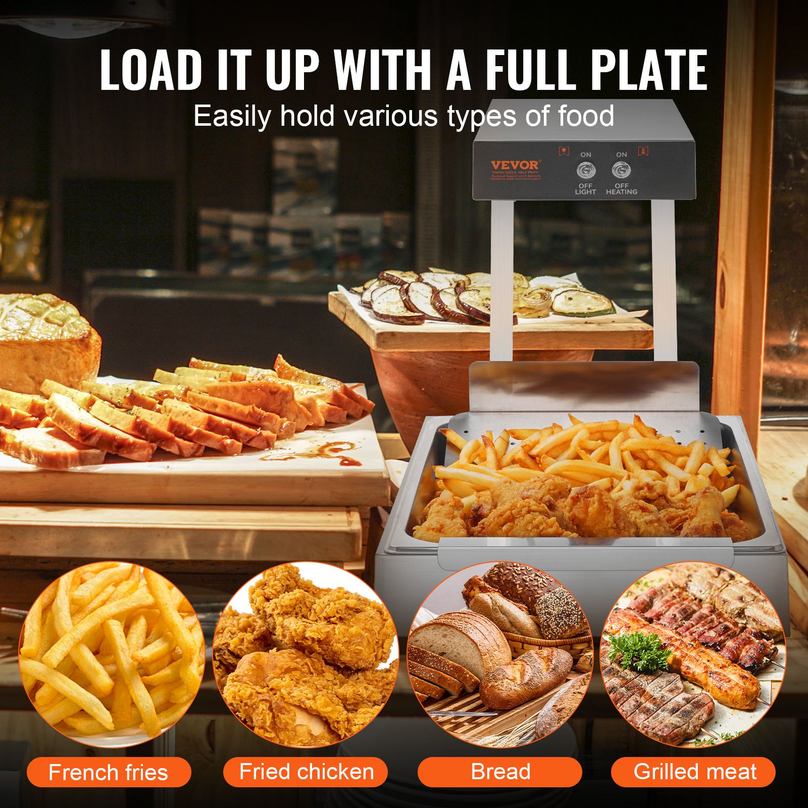 VEVOR Pommes-Frites-Speisewärmer, 750 W kommerzielle Lebensmittel-Heizlampe, elektrische Edelstahl-Wärmelicht-Abgabestation, Arbeitsplatte 104-122 °F Pommes-Speisewärmer für Pommes-Buffet-Küchenrestau