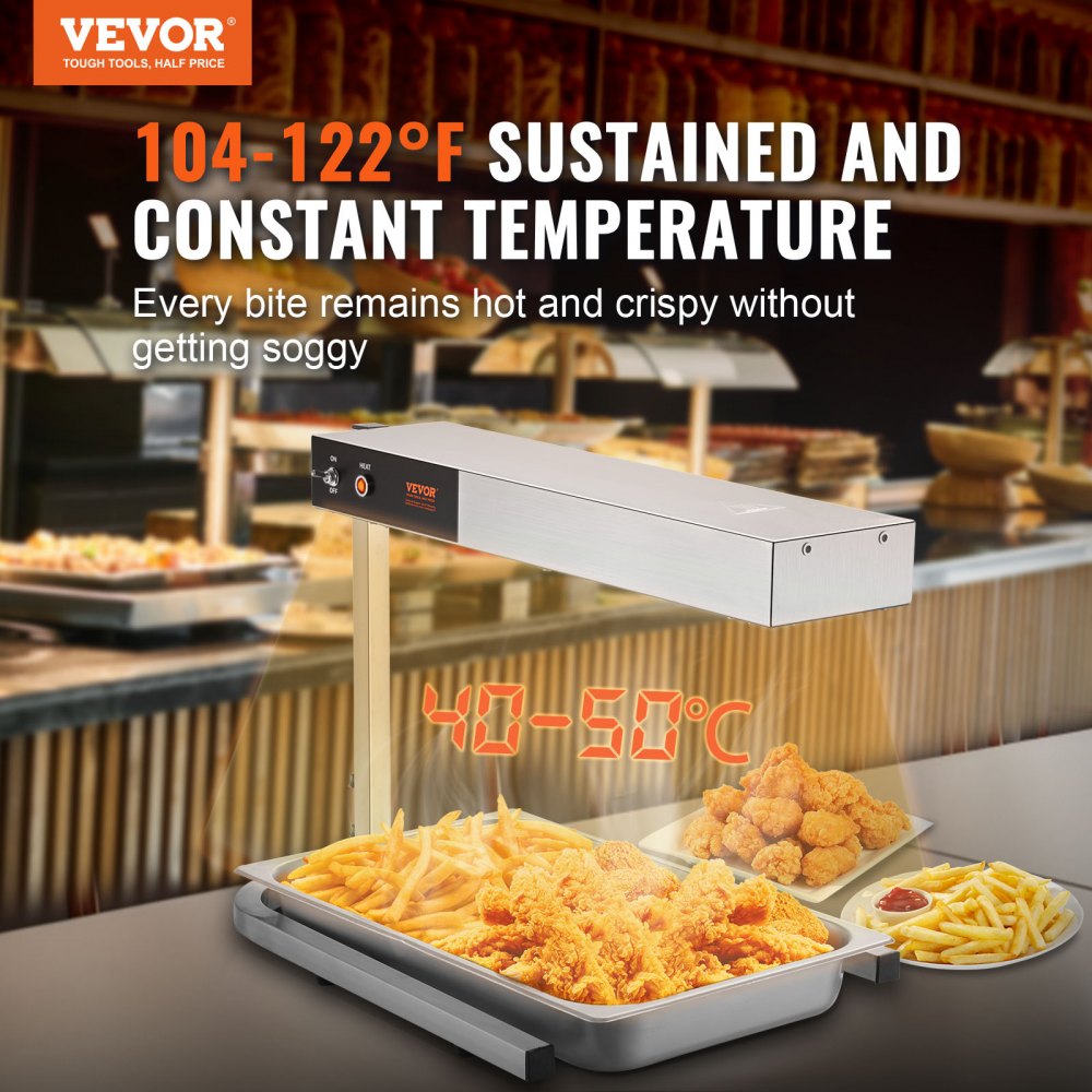 VEVOR Pommes-Frites-Speisenwärmer, 750 W, kommerzielle Streifen-Lebensmittelheizlampe, elektrische Edelstahl-Warmlicht-Abgabestation, Arbeitsplatte 104–122 °F Pommes-Wärmer für Pommes-Buffet-Küchenres