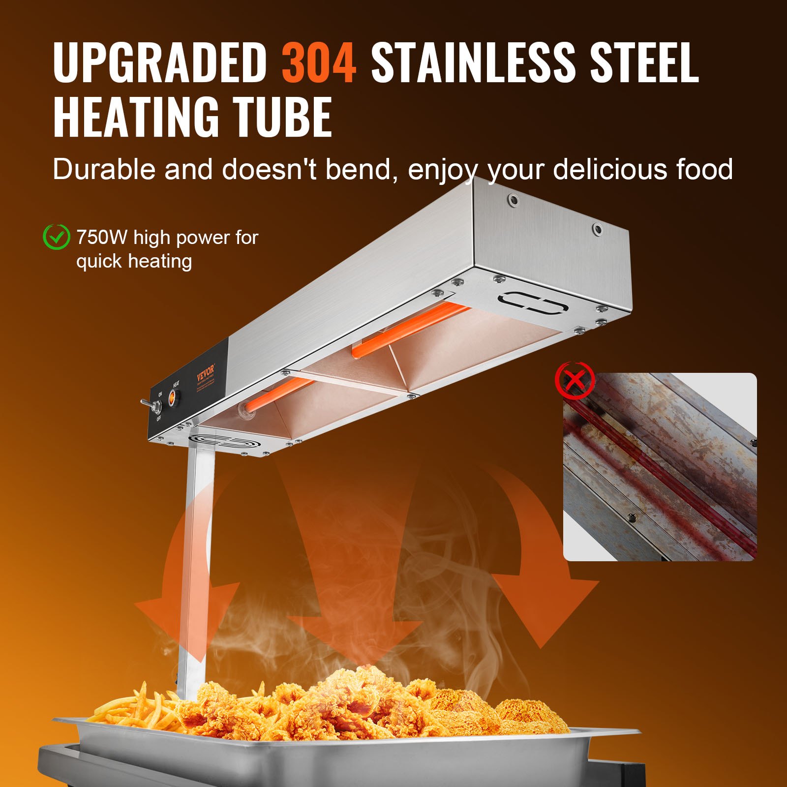 VEVOR Pommes-Frites-Speisenwärmer, 750 W, kommerzielle Streifen-Lebensmittelheizlampe, elektrische Edelstahl-Warmlicht-Abgabestation, Arbeitsplatte 104–122 °F Pommes-Wärmer für Pommes-Buffet-Küchenres