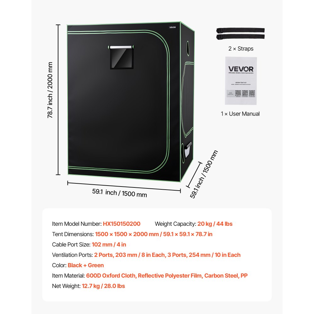 VEVOR Growzelt, 150x150x200 cm, Indoor-Pflanzenzelt mit Vollspektrum-LED-Zuchtlicht & Belüftungssystem, Growbox 600D hochreflektierendes Mylar, Zuchtzelte, Gewächshaus für Blumen & Gemüse