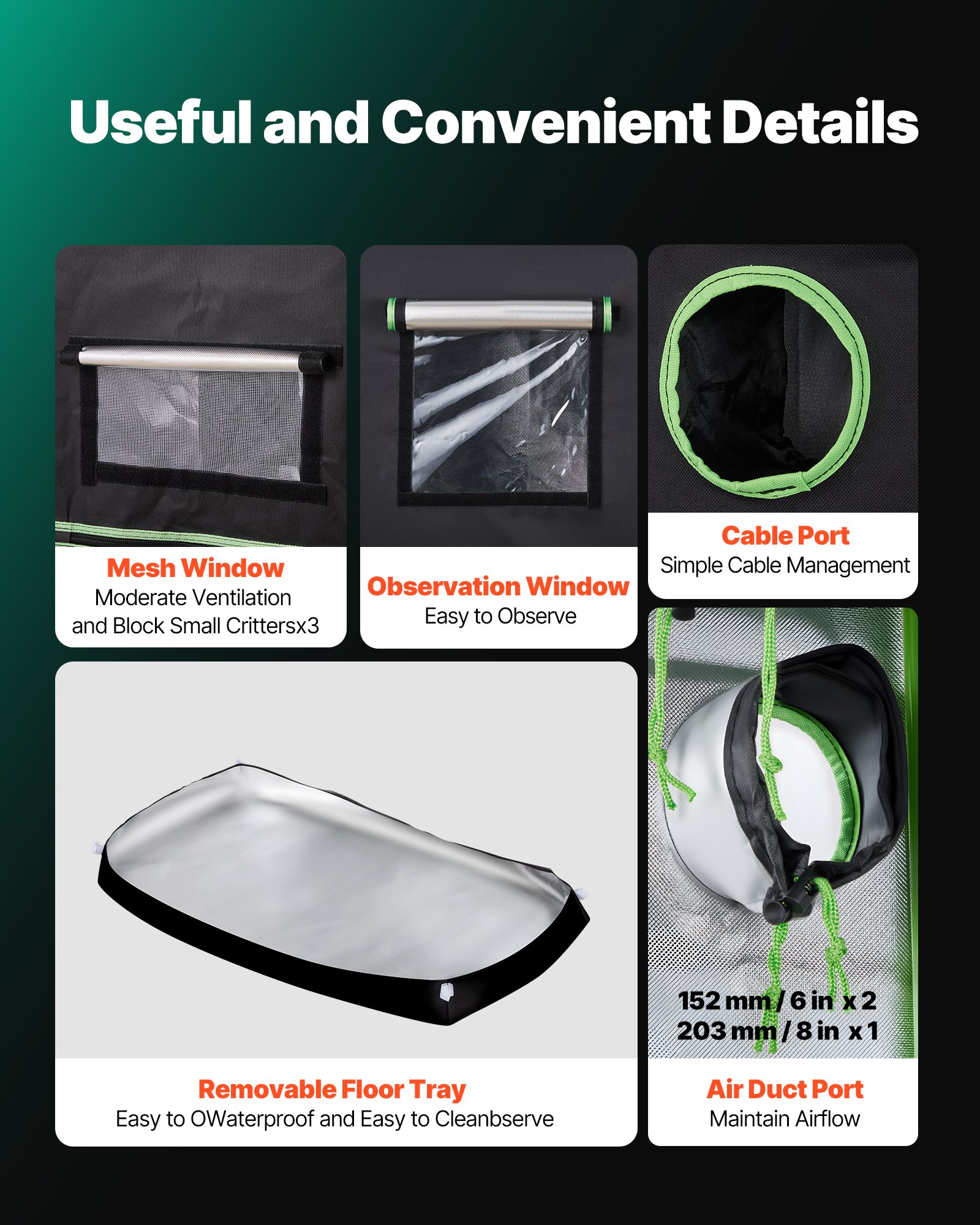 VEVOR Indoor Grow Tent, 120 x 60 x 180 cm, 600D High Reflective Mylar, Indoor Plant Tent with Observation Window, Floor Tray & Zipper, Heavy Duty Growing Tents for Fruit Flower Veggie