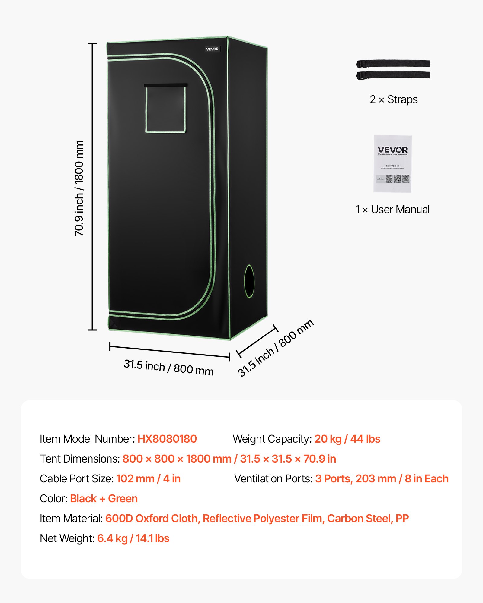 VEVOR Growzelt, 80x80x180 cm, Growbox 600D hochreflektierendes Mylar, Indoor-Pflanzenzelt mit Beobachtungsfenster, Bodenwanne & Reißverschluss, Gewächshaus Zuchtzelte für Obst, Blumen & Gemüse