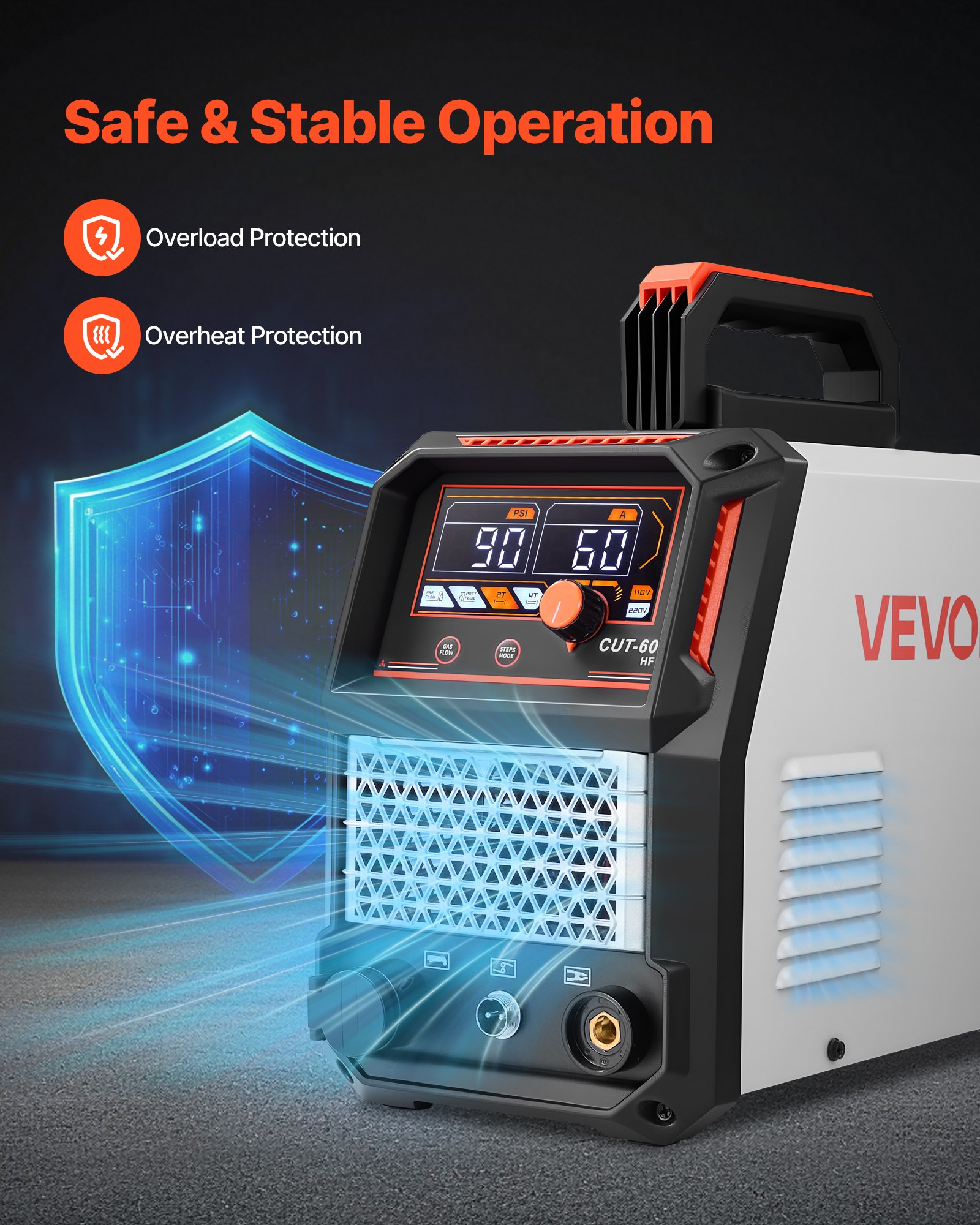 VEVOR Plasmaschneider, 60A Plasmaschneidgerät, Digitalanzeige IGBT-Inverter-Schneidemaschine mit 2T/4T-Funktion & einstellbarer PA/PT-Zeit für industriellen Einsatz (400V 3-Phasig)