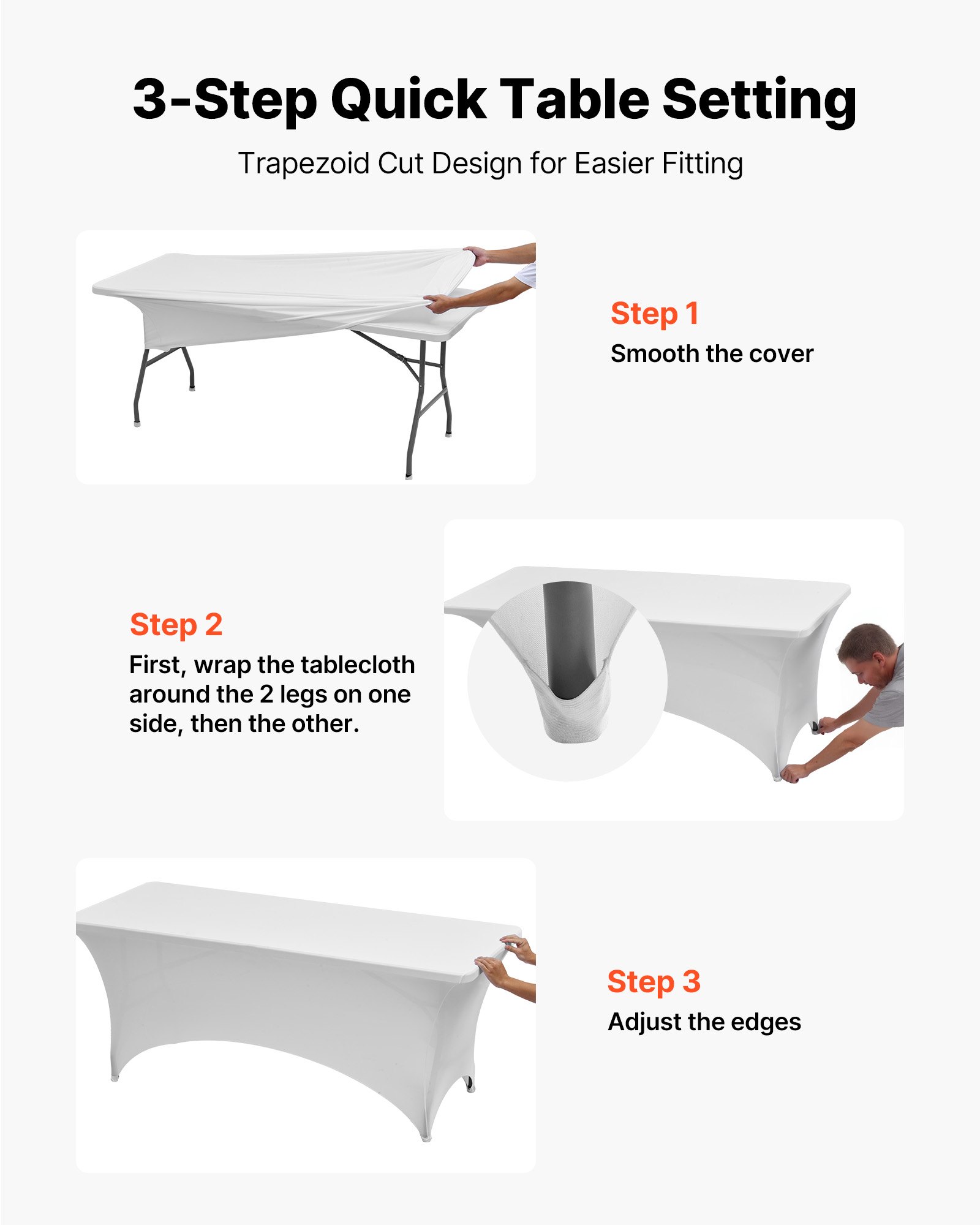 VEVOR 6 x Stretch Spandex Tischdecke Tischwäsche (rechteckig) geeignet für 244 cm Tische, waschbarer knitterfreier Tischdeckenschutz, Tischtuch für Partys Hochzeiten Bankette Festivals, Weiß