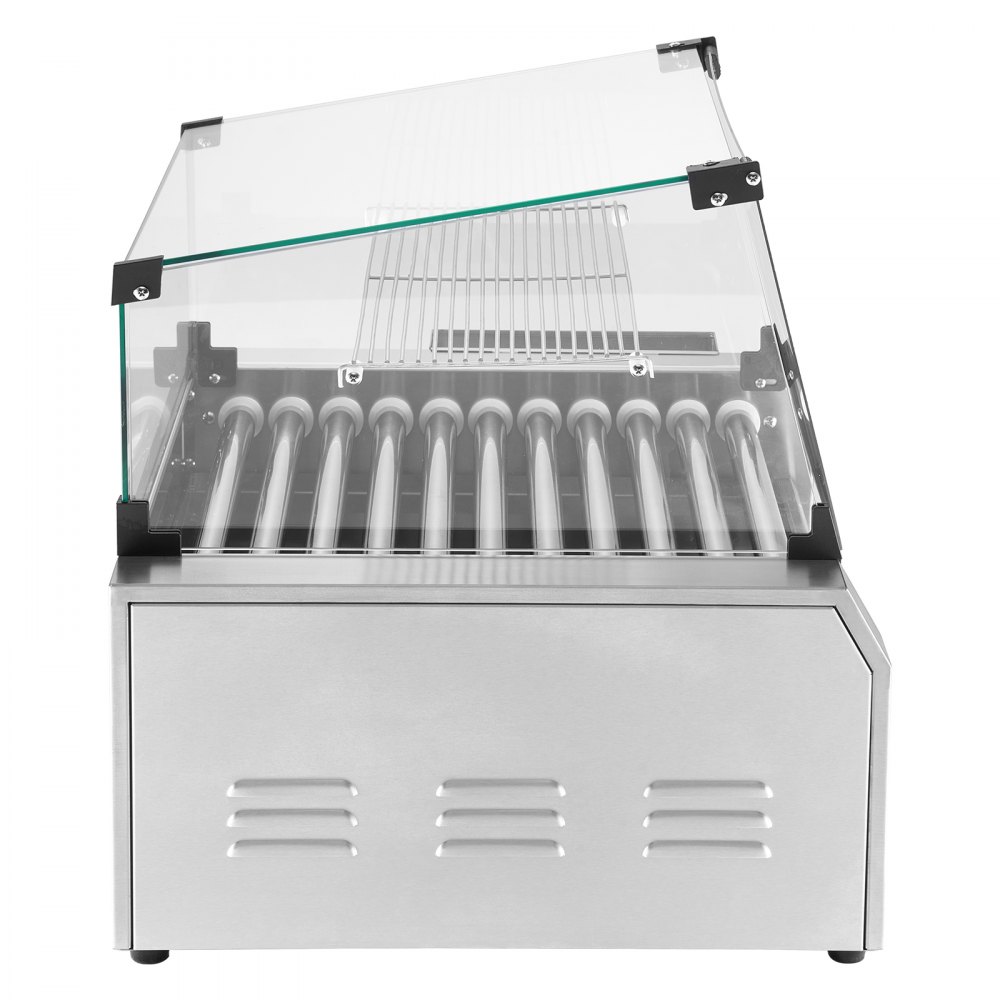 VEVOR Hot Dog Grill Maschine 30 Hot dogs 11 Rollen Edelstahl, 2400 W, Elektrogrill mit Brötchenwärmer & Abdeckung (Glas + PC) & 3 Temperaturregler & seitlicher Aufbewahrungsbox & Ölauffangschale