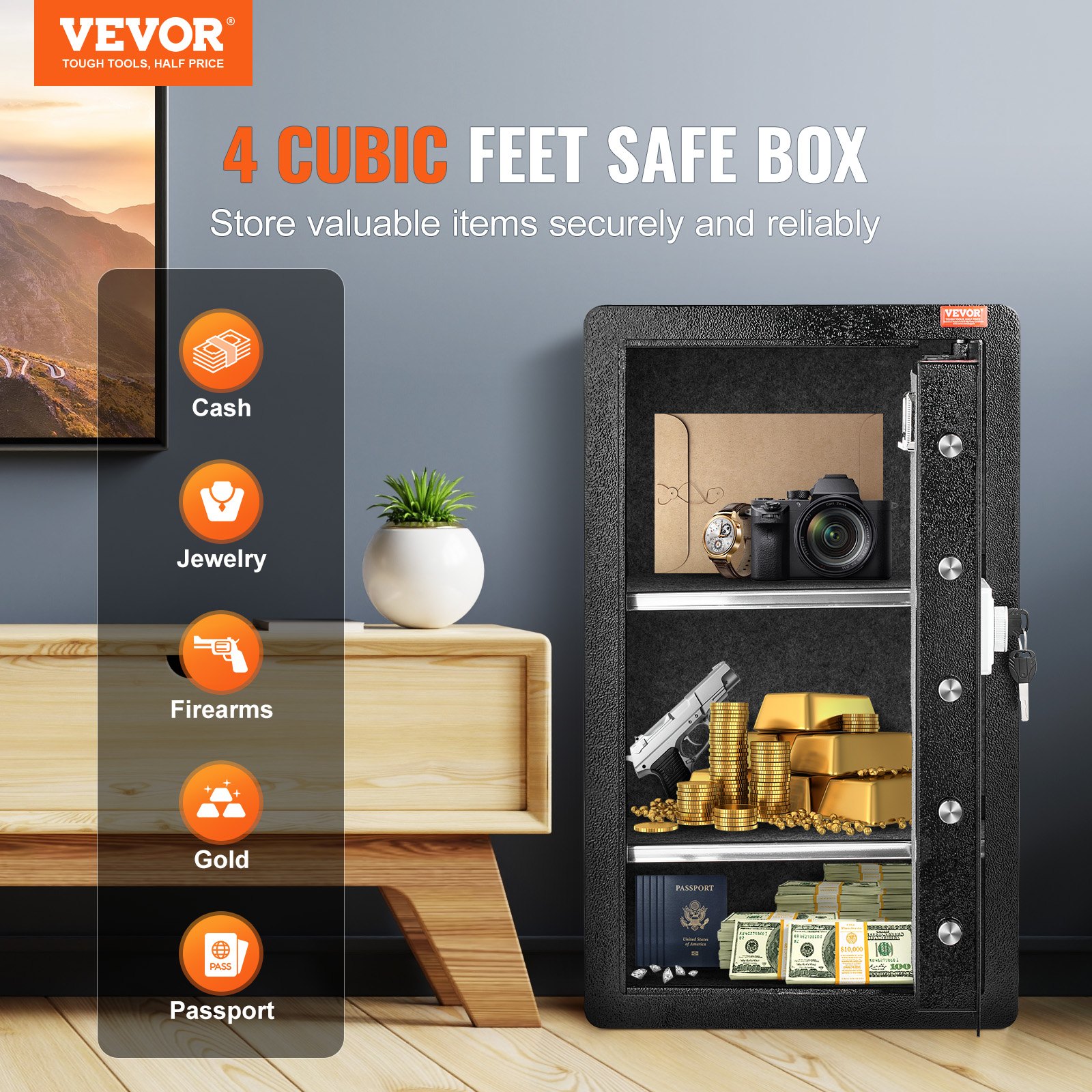 VEVOR Safe with fireproof wallet, single-door safe, 4 cubic feet, 2 dividers, digital furniture safe with key code/fingerprint access, valuables box for money and jewelry, black cash safe