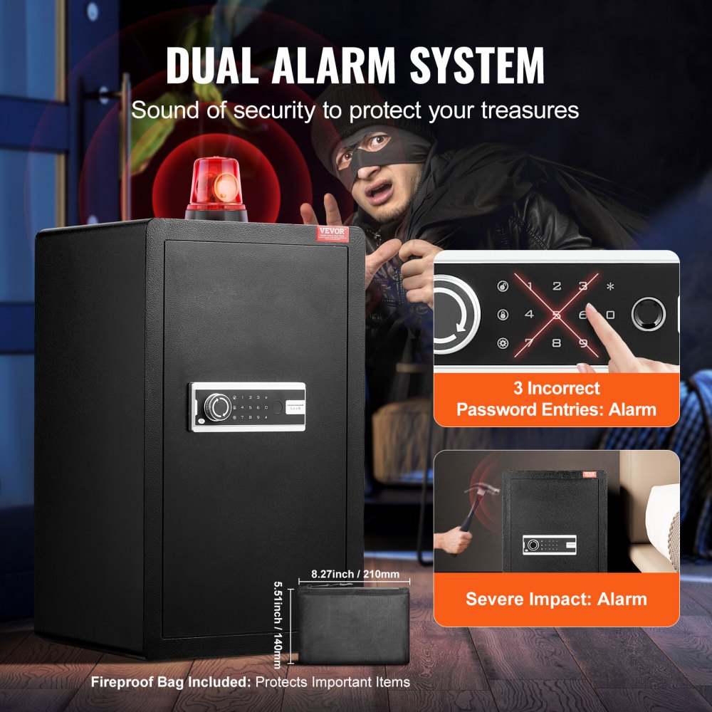 VEVOR Safe Tresor mit feuerfester Geldtasche, Einzeltür-Safe 113 L, 2 Trennwände, digitaler Möbeltresor mit Schlüssel und Code, Wertsachenbox für Geld und Schmuck, Geldtresor Schwarz