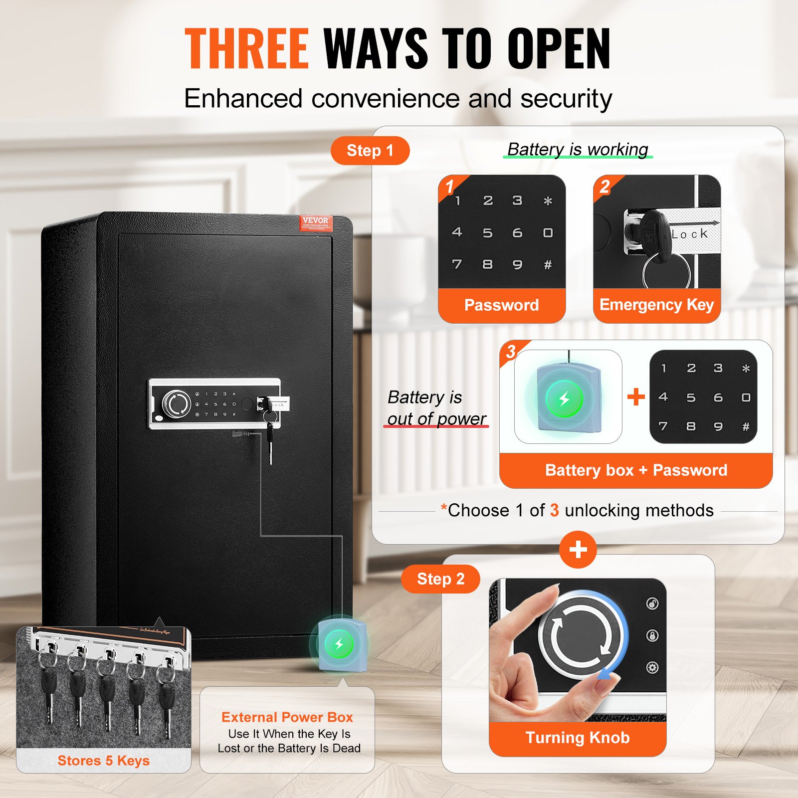 VEVOR Safe Tresor mit feuerfester Geldtasche, Einzeltür-Safe 113 L, 2 Trennwände, digitaler Möbeltresor mit Schlüssel und Code, Wertsachenbox für Geld und Schmuck, Geldtresor Schwarz