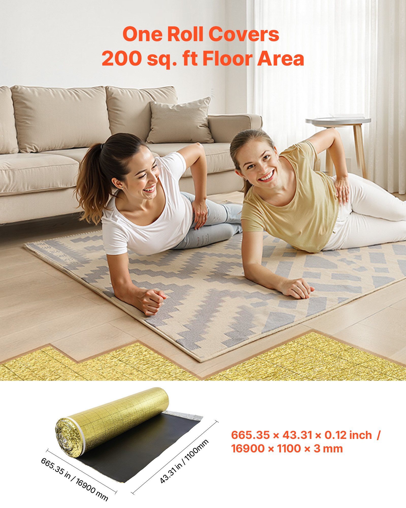 VEVOR Trittschalldämmung, 18,6 m²/Rolle, 3-in-1 3 mm dicke Dämmungunterlage mit Klebeband & Dampfsperre, IXPE-Schaum mit goldem PE, Schalldämmung & Geräuschreduzierung, für Laminat-Holzböden