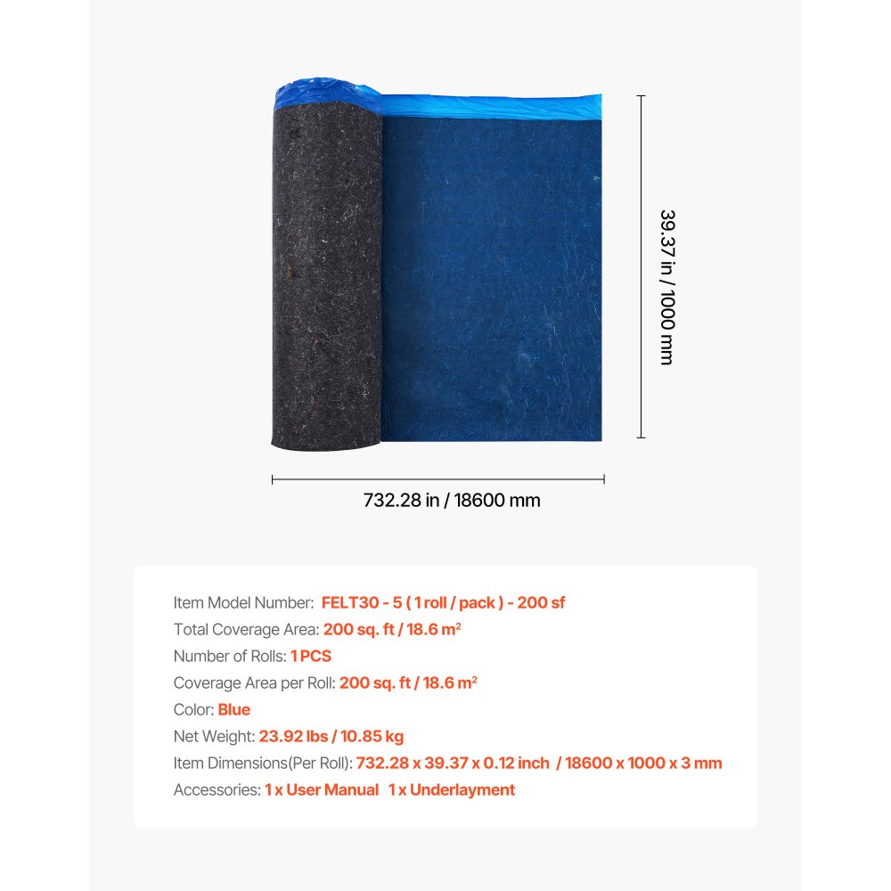 VEVOR Trittschalldämmung, 18,8 m²/Rolle, 3 mm dicke Dämmungunterlage mit angebrachter Dampfsperre, Faser + PE-Folie, Schalldämmung & Geräuschreduzierung, ideal für Vinyl, Laminat, Holz, Blau