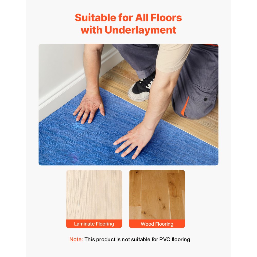 VEVOR Floor Underlayment 18.6 m²/Roll, 3 mm Thick Laminate Flooring Padding with Attached Vapor Barrier, Heavy Duty Fiber + PE Film, Soundproofing & Noise Reduction, Ideal for Vinyl Wood Flooring
