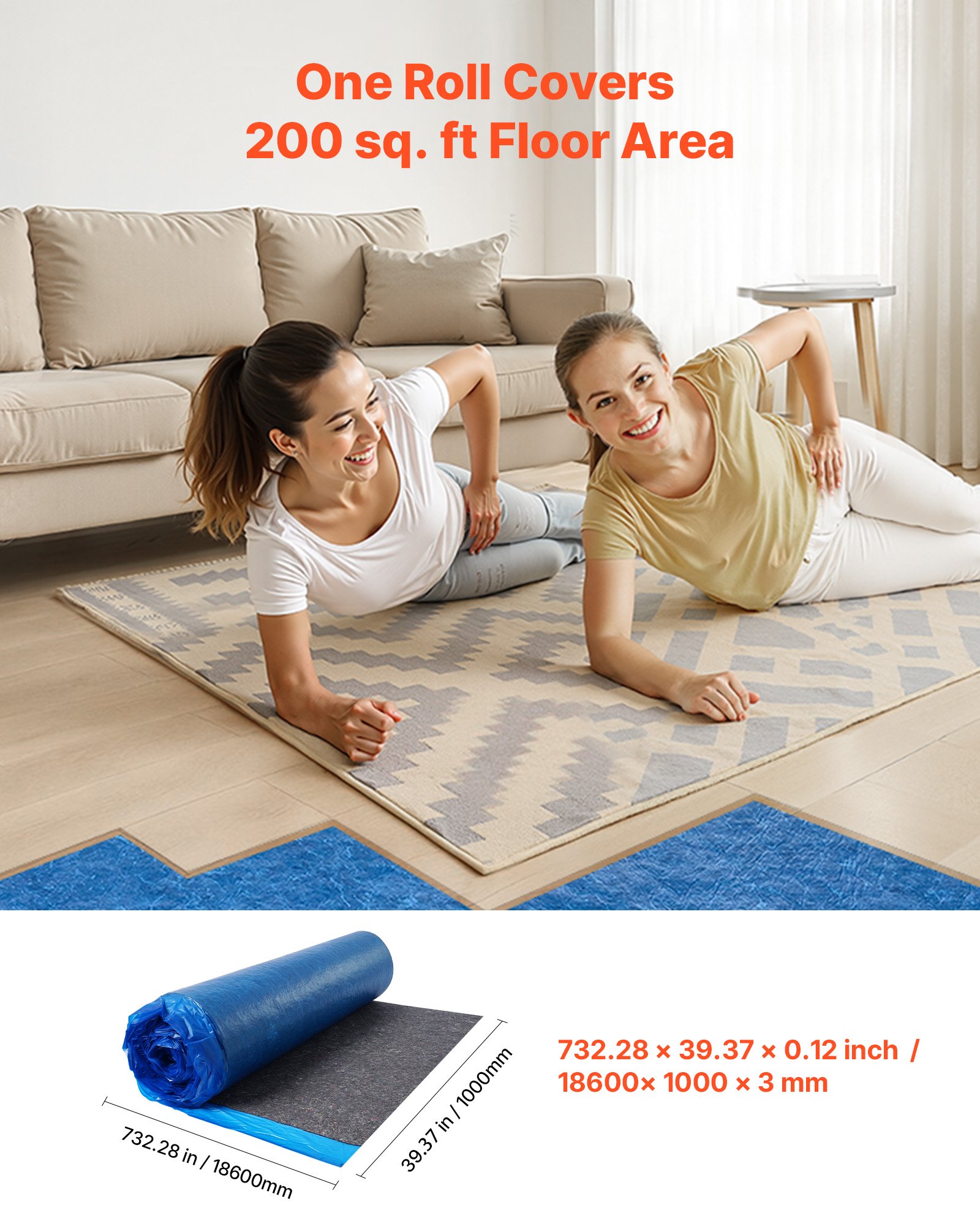 VEVOR Trittschalldämmung, 18,8 m²/Rolle, 3 mm dicke Dämmungunterlage mit angebrachter Dampfsperre, Faser + PE-Folie, Schalldämmung & Geräuschreduzierung, ideal für Vinyl, Laminat, Holz, Blau