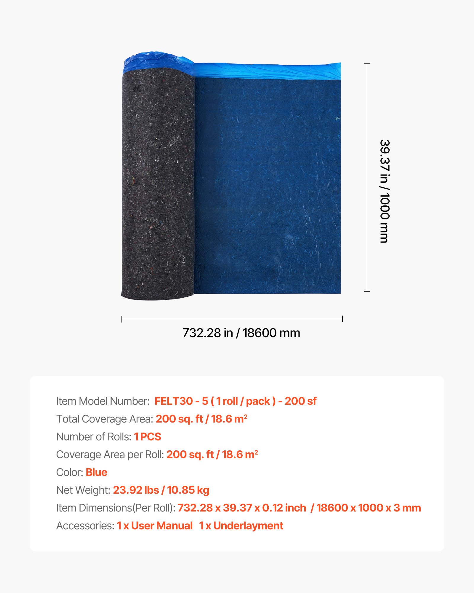 VEVOR Trittschalldämmung, 18,8 m²/Rolle, 3 mm dicke Dämmungunterlage mit angebrachter Dampfsperre, Faser + PE-Folie, Schalldämmung & Geräuschreduzierung, ideal für Vinyl, Laminat, Holz, Blau