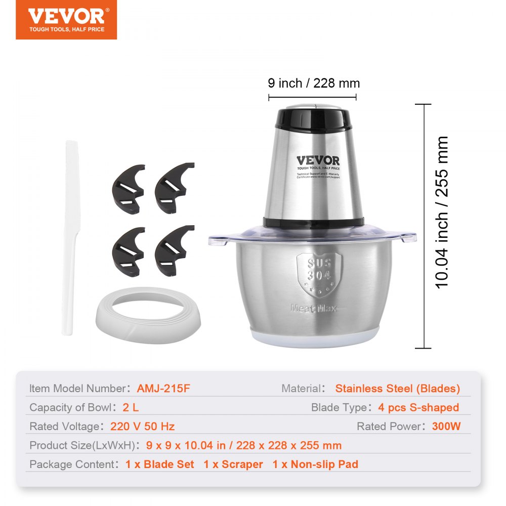 VEVOR Elektrische Küchenmaschine Fleischwolf 400 W, Multifunkitonal Zerkleinerer, 2 L Füllkapazität Standmixer 3000 U/min + 4000 U/min, Gemüseschneider inkl. Edelstahlschüssel & Klinge & Schaber