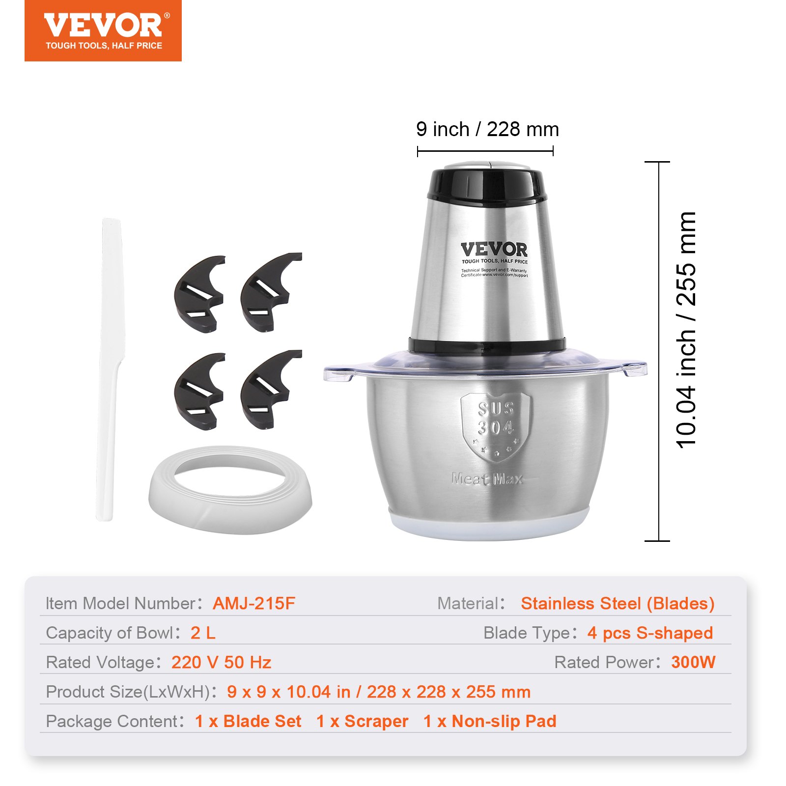 VEVOR Elektrische Küchenmaschine Fleischwolf 400 W, Multifunkitonal Zerkleinerer, 2 L Füllkapazität Standmixer 3000 U/min + 4000 U/min, Gemüseschneider inkl. Edelstahlschüssel & Klinge & Schaber