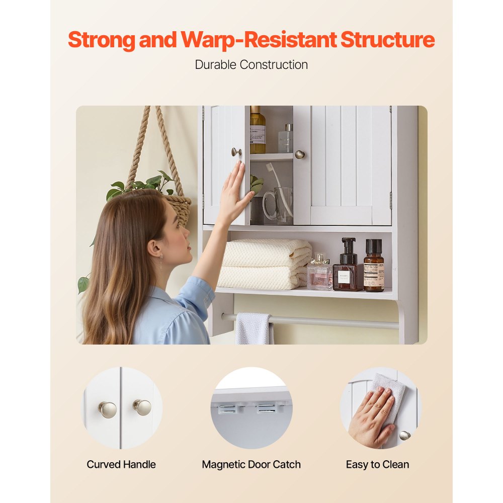 VEVOR Bathroom Wall Cabinet, 2 Doors and Adjustable Shelf, Over the Toilet Storage Medicine Cabinet Wall Mounted, Hanging Organizer with Open Partition and Towel Bar for Laundry Room Kitchen, White