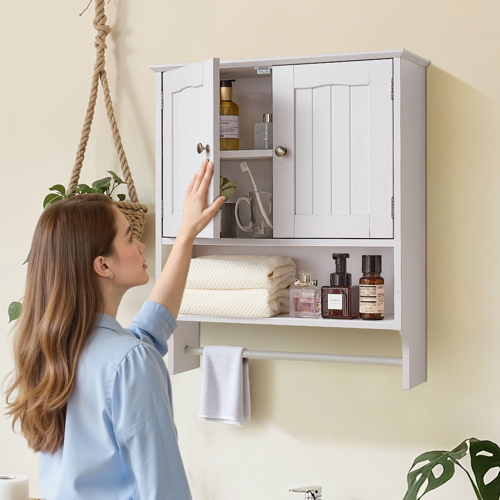 VEVOR Badezimmer Wandschrank Medizinschrank mit 2 Türen & verstellbaren Regalen, Aufbewahrungsschrank Hängeschrank mit offener Trennwand & Handtuchhalter für Toilette Waschküche Küche