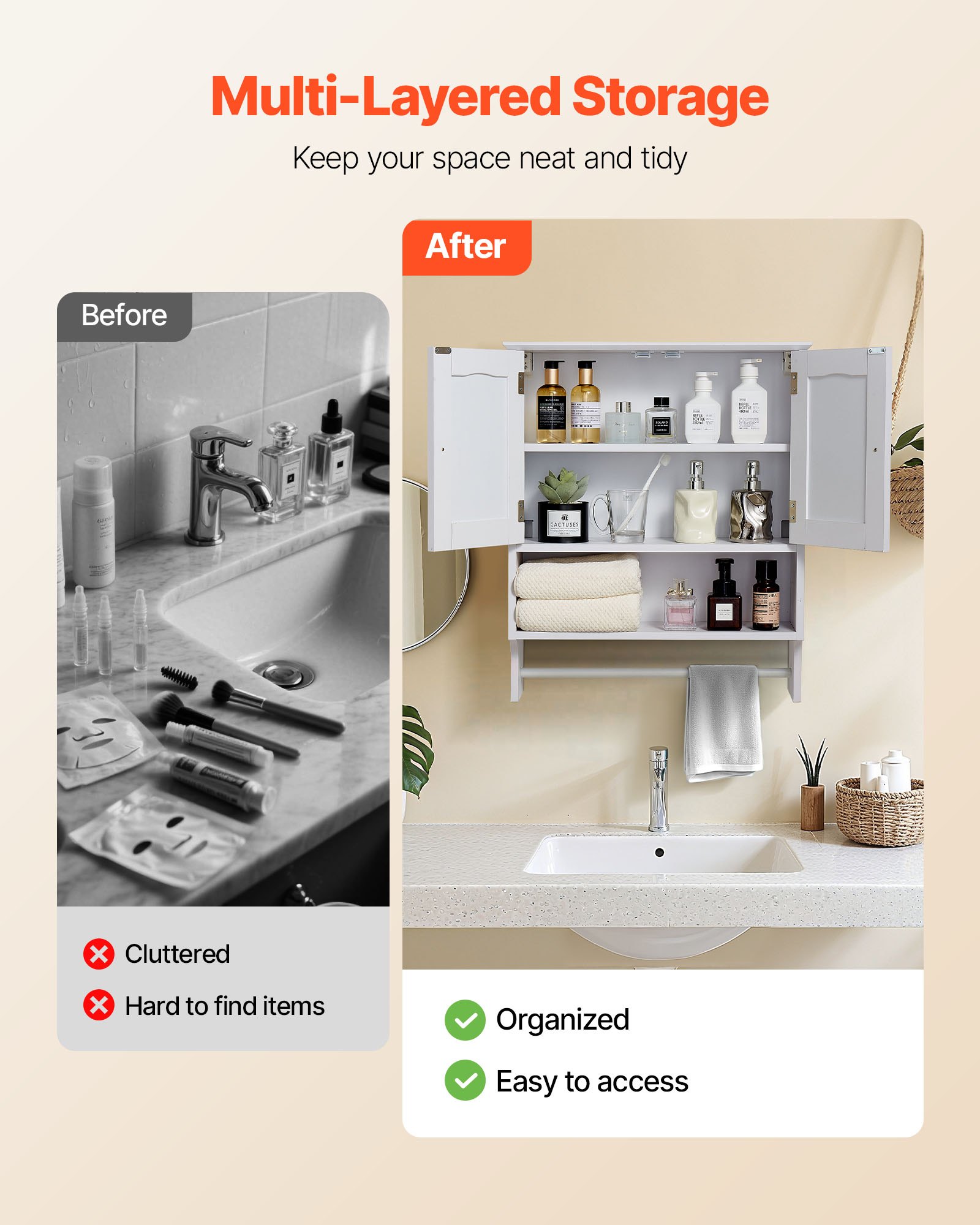 VEVOR Bathroom Wall Cabinet, 2 Doors and Adjustable Shelf, Over the Toilet Storage Medicine Cabinet Wall Mounted, Hanging Organizer with Open Partition and Towel Bar for Laundry Room Kitchen, White