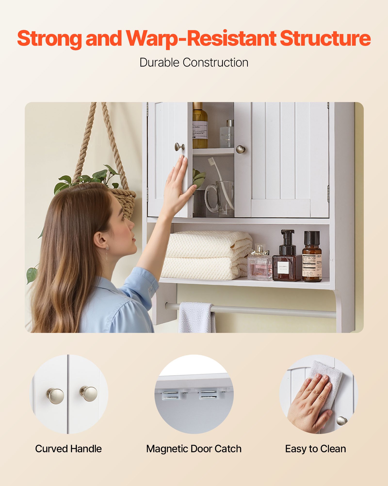 VEVOR Bathroom Wall Cabinet, 2 Doors and Adjustable Shelf, Over the Toilet Storage Medicine Cabinet Wall Mounted, Hanging Organizer with Open Partition and Towel Bar for Laundry Room Kitchen, White