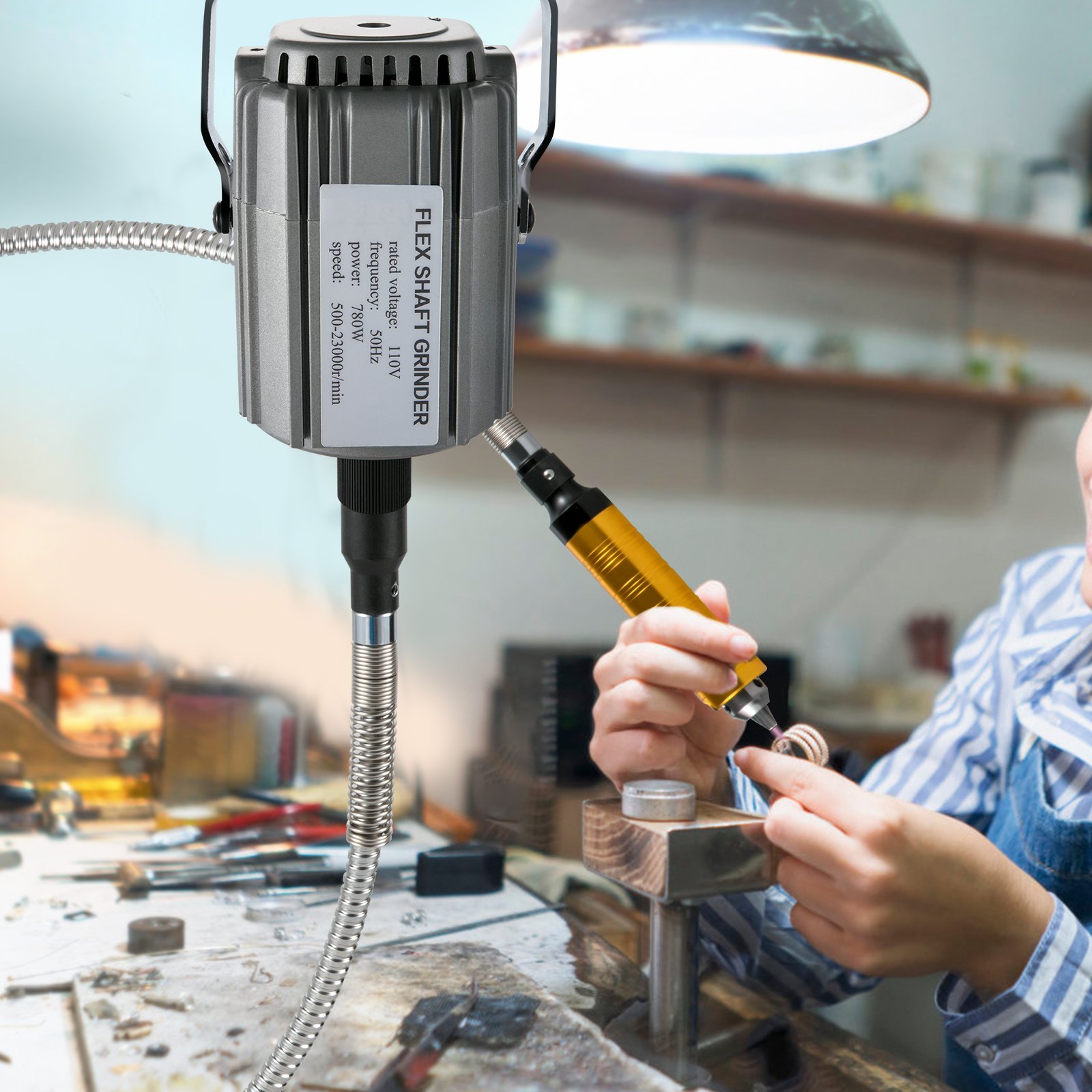 VEVOR Elektrische Drehwerkzeug Flex Shaft Wellen Aufhängung 780 W Schnellschleif Gerät biegsamer Welle, Hängemühle Wellenlänge 100cm, Fußpedal-Steuerung 500-23000U/min, Dreibackenfutt, 45 Stk. Zubehör