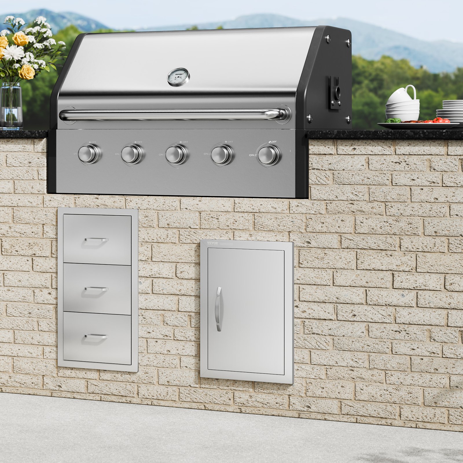 VEVOR Grill-Zugangstür, 355 x 508 mm, Einzelne Außenküchentür, Flächenbündig Montierte Edelstahltür, Vertikale Wandtür mit Griff, für Grillinsel, Grillstation, Außenschrank