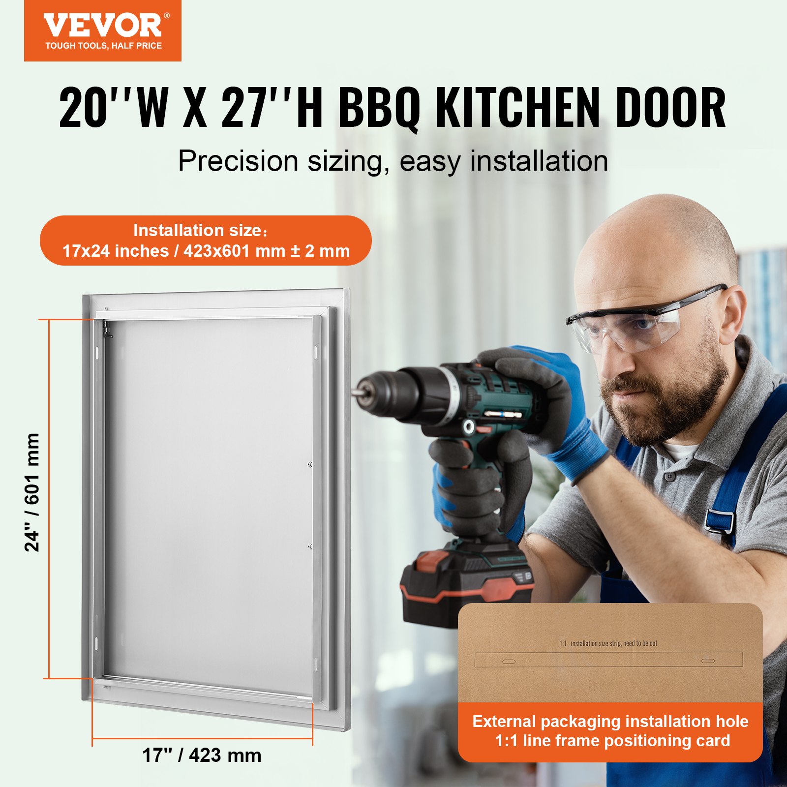 VEVOR Grill-Zugangstür, 508 x 686 mm, Einzelne Außenküchentür, Flächenbündig Montierte Edelstahltür, Vertikale Wandtür mit Griff, für Grillinsel, Grillstation, Außenschrank