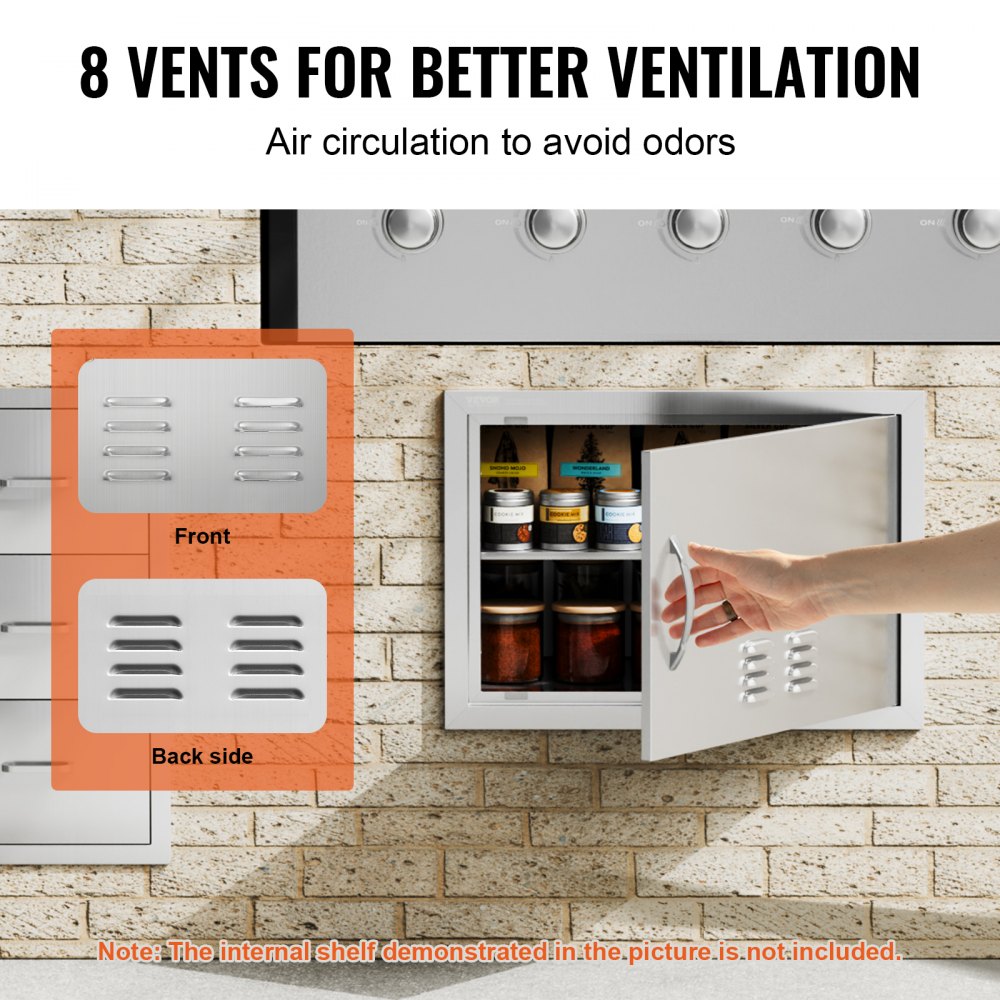 VEVOR Grill-Zugangstür, 610 x 432 mm, Einzelne Außenküchentür, Flächenbündig Montierte Edelstahltür, Vertikale Wandtür mit Griff und Lüftungsschlitzen, für Grillinsel, Grillstation, Außenschrank