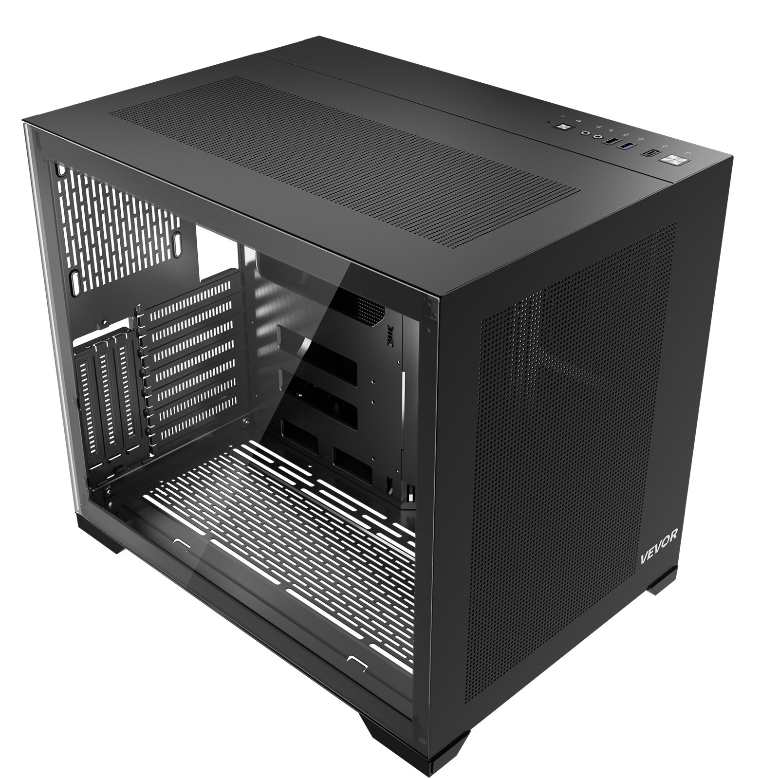 VEVOR PC-Gehäuse Mid-Tower, Dual-Chamber, mit gehärteten Glasscheiben, magnetischem Staubfilter, Kabelmanagement, für GPU bis zu 410 mm Länge, kompatibel mit ATX/M-ATX/ITX, kein Lüfter