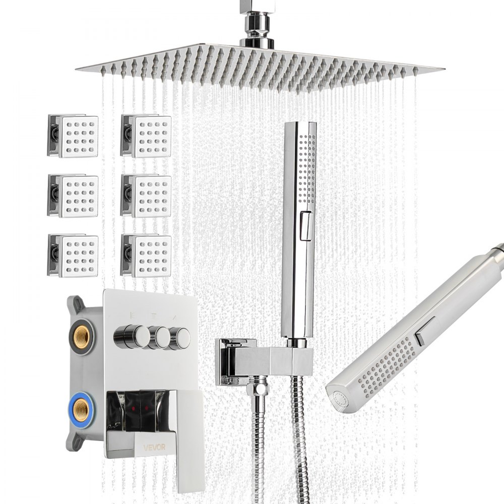 VEVOR Duschsystem-Set mit 10 Zoll Regenduschsystem / 6 Körperbrausen / 2 in 1 Handbrause, drehbarer Regenkopfsystem (3 Funktionen), Messingventil und Verkleidungssatz, Chrom Badezimmer