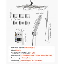 VEVOR Duschsystem-Set mit 10 Zoll Regenduschsystem / 6 Körperbrausen / 2 in 1 Handbrause, drehbarer Regenkopfsystem (3 Funktionen), Messingventil und Verkleidungssatz, Chrom Badezimmer