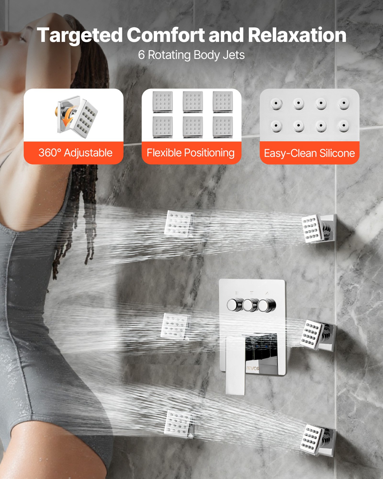 VEVOR Duschsystem-Set mit 10 Zoll Regenduschsystem / 6 Körperbrausen / 2 in 1 Handbrause, drehbarer Regenkopfsystem (3 Funktionen), Messingventil und Verkleidungssatz, Chrom Badezimmer