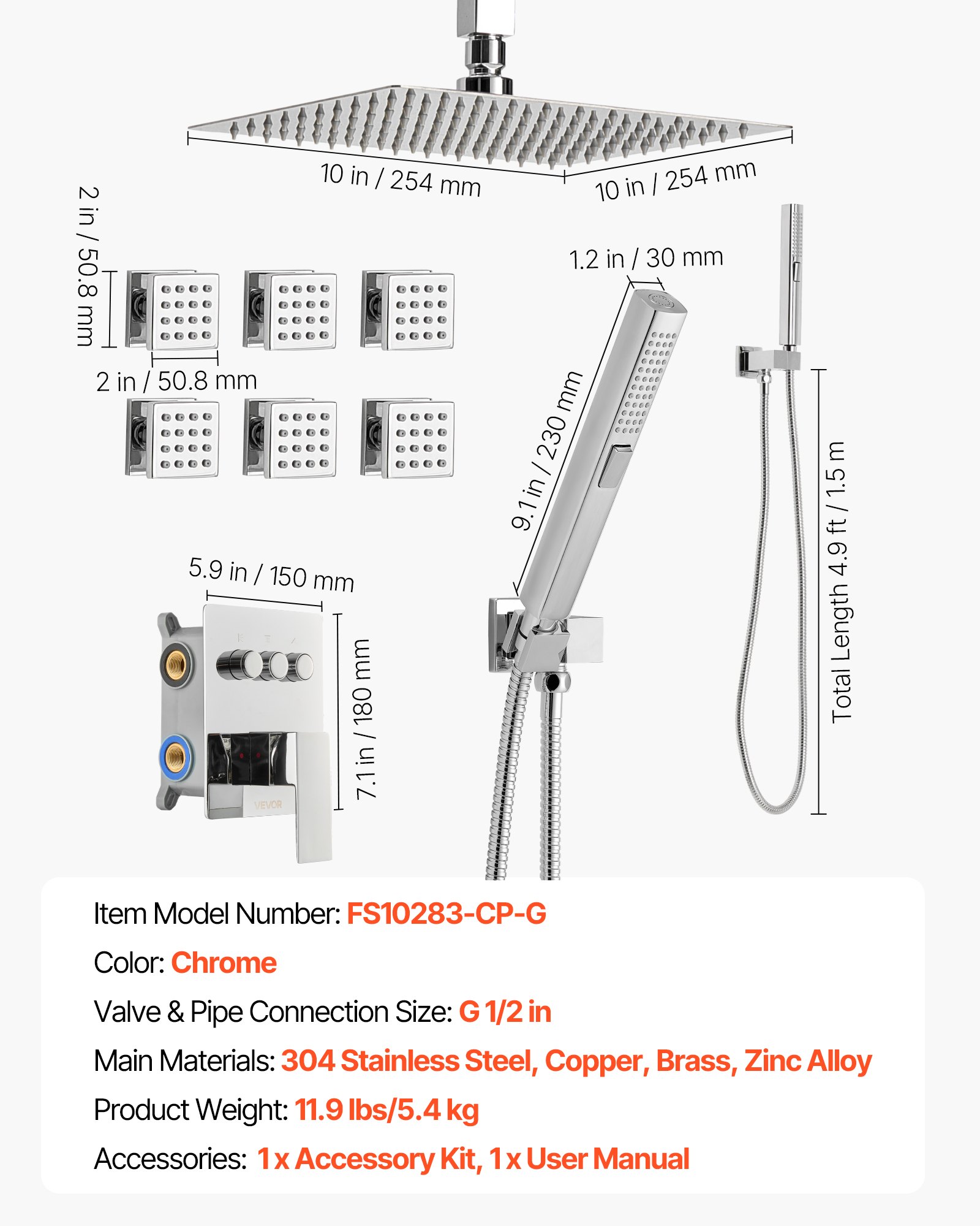 VEVOR Duschsystem-Set mit 10 Zoll Regenduschsystem / 6 Körperbrausen / 2 in 1 Handbrause, drehbarer Regenkopfsystem (3 Funktionen), Messingventil und Verkleidungssatz, Chrom Badezimmer