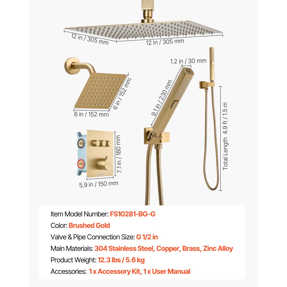 VEVOR Duschsystem-Set mit 12 Zoll Regenduschsystem / 6 Zoll Wandmontagekopf / 2 in 1 Handbrause, drehbarer Doppelregenkopf (3 Funktionen), Messingventil und Verkleidungssatz, gebürstetem Gold