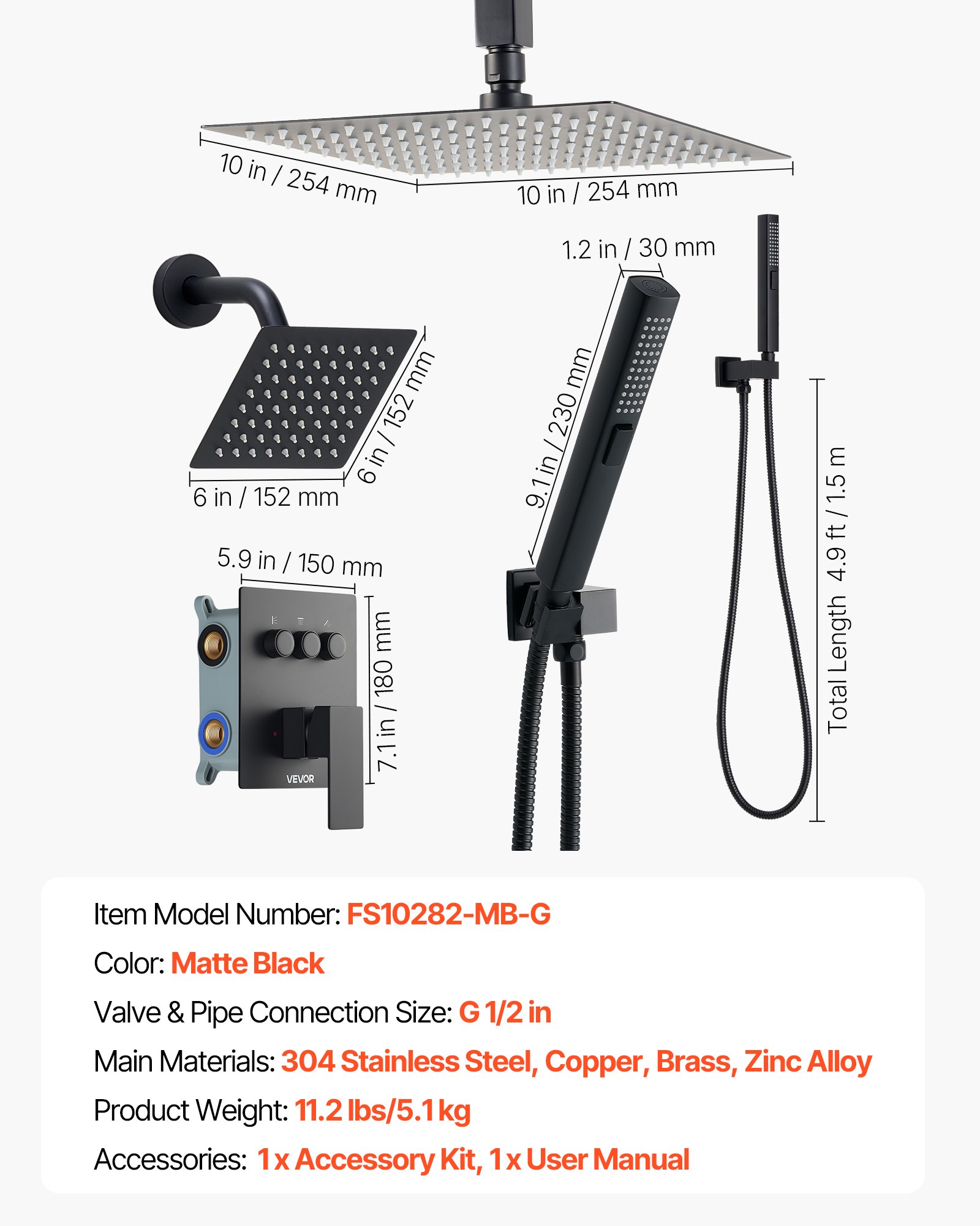 VEVOR Duschsystem-Set inkl. 10 Zoll Regenduschsystem / 6 Zoll Wandmontagekopf / 2 in 1 Handbrause, drehbarer Doppelregenkopf (3 Funktionen), Messingventil und Verkleidungssatz, Mattschwarz
