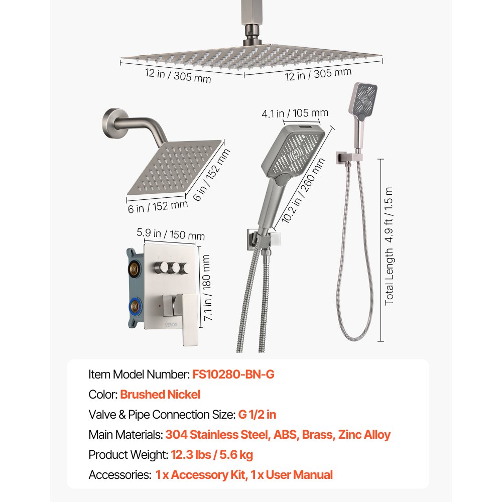 VEVOR Duschsystem-Set mit 12 Zoll Regenduschsystem / 6 Zoll Wandmontagekopf / 4 in 1 Handbrause, drehbarer Doppelregenkopf (3 Funktionen), Messingventil und Verkleidungssatz, gebürstetes Nickel